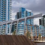 Glass condo towers along the East Village RiverWalk, Calgary