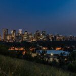 Calgary skyline at night over the Bow River