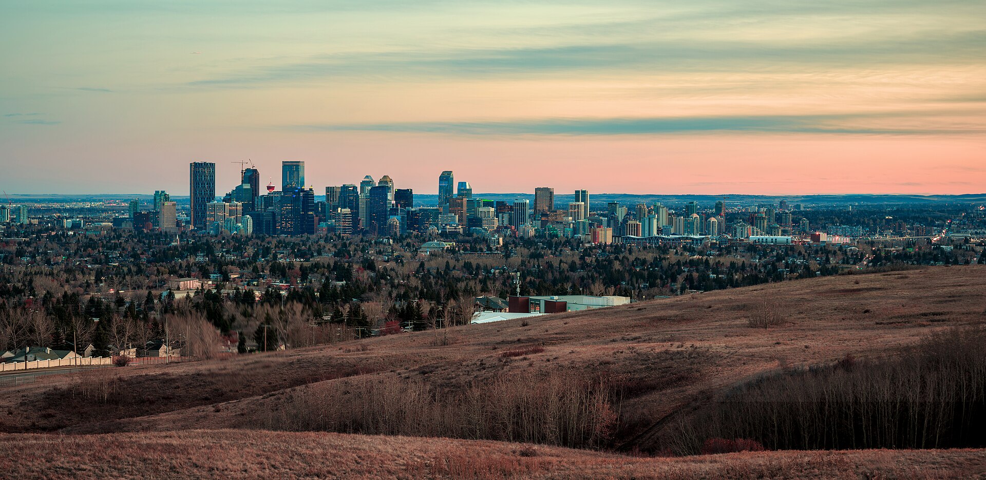 Sunset over the Calgary skyline from Nose Hill Park